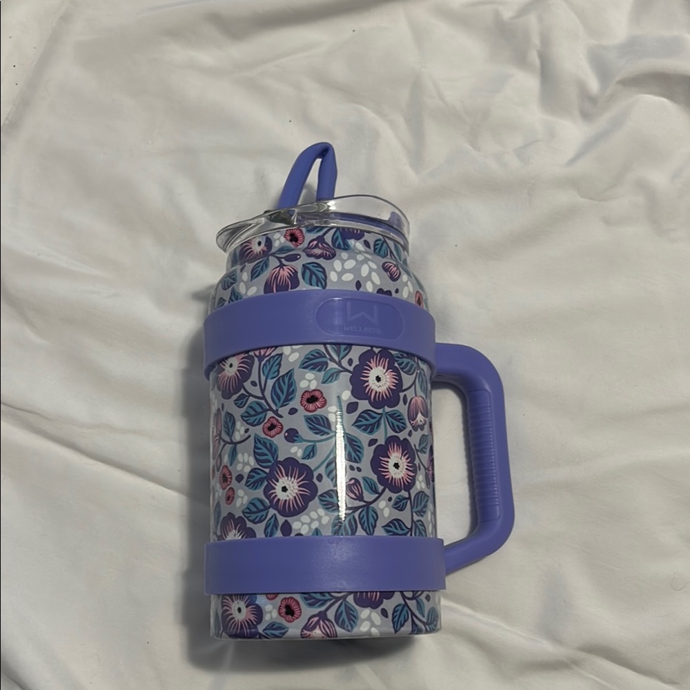 Floral Insulated Water Bottle with Purple Handle